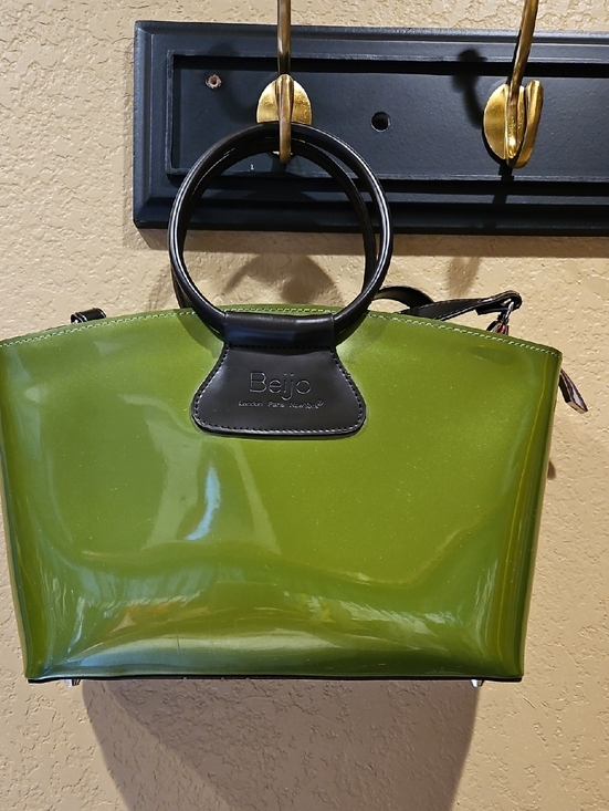 Handbags - Olive Green Patent Tote with Black Ring Handles